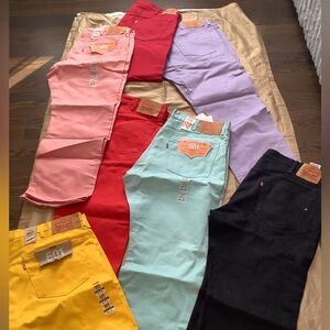 Levi's 501 Jeans in Yellow, Red, and Pink